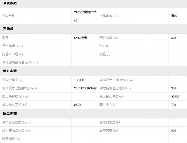 南车TR360D旋挖钻机参数表